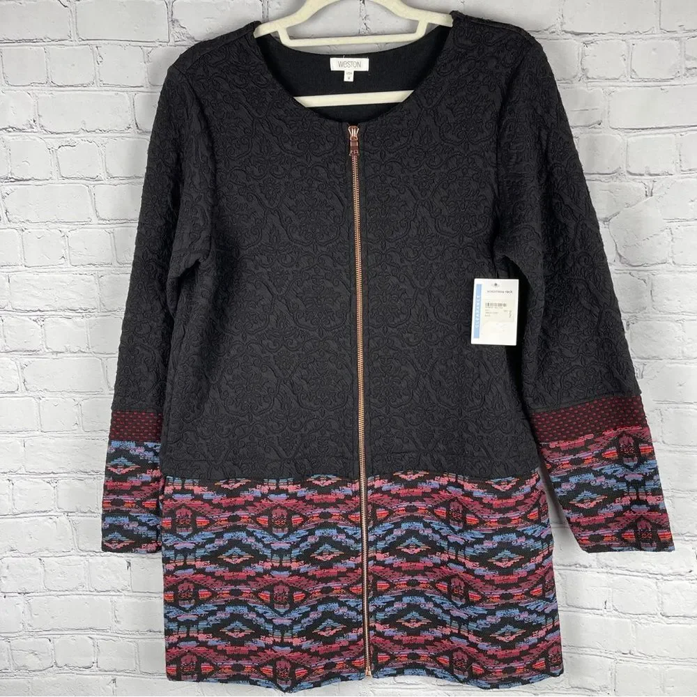 WESTON long black cardigan jacket with zipper and embroidered trim NWT, size M